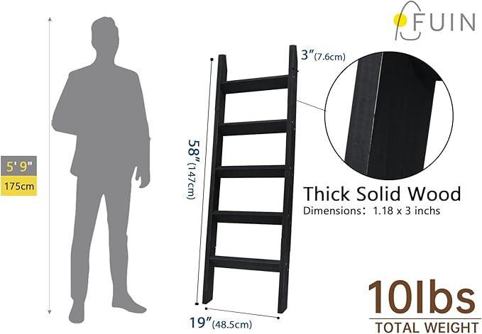 FUIN 5ft (58") Wood Blanket Ladder Living Room Decorative Wall Leaning Farmhouse Quilt Display Holder Storage Rustic Wooden Towel Rack for Bathroom, Black