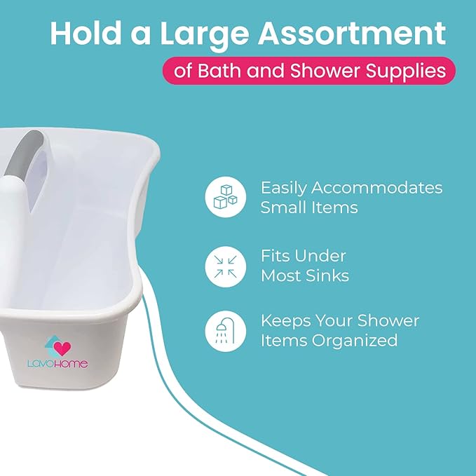 LavoHome Bath Caddie White - Totes with Divided Compartments and Handles for Organizing, Storing & Carrying Cleaning Supplies and Bathroom Accessories (Large Cleaning Caddy)