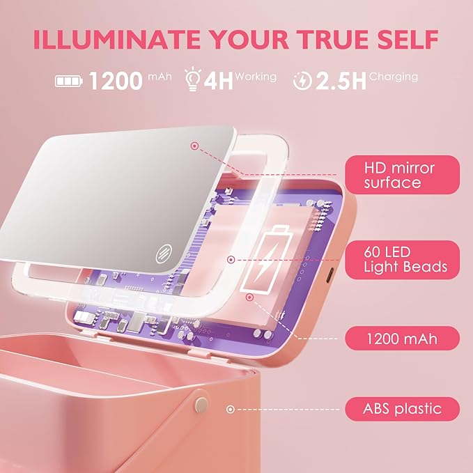 Makeup Case with Mirror and Light - Portable Cosmetic Box Rechargeable with 3 Color Mode and DIY Partitions for Women Girls (Pink B)