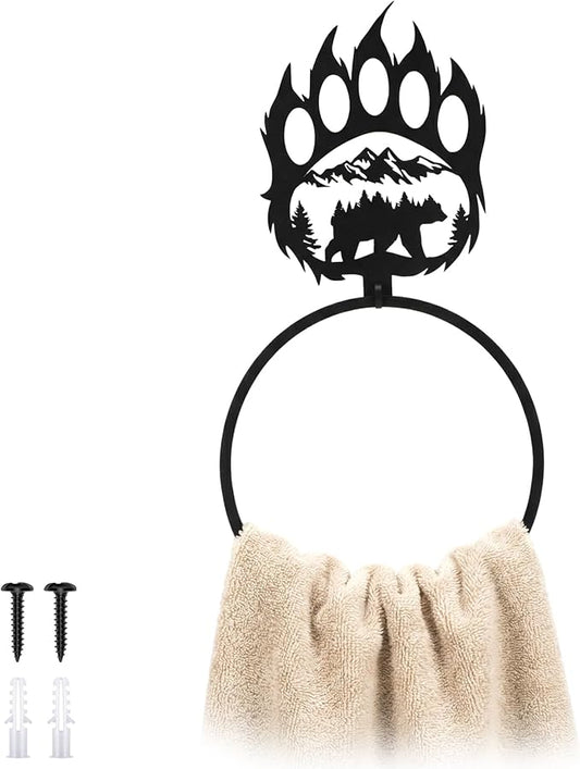 Bear Hand Towel Holder Ring Matte Black Bear Paw Towel Holder for Bathroom Forest Cabin Hand Cloth Ring Rustic Bath Facecloth Holders Wall Mount Round Washcloth Racks for Bath Kitchen Decor