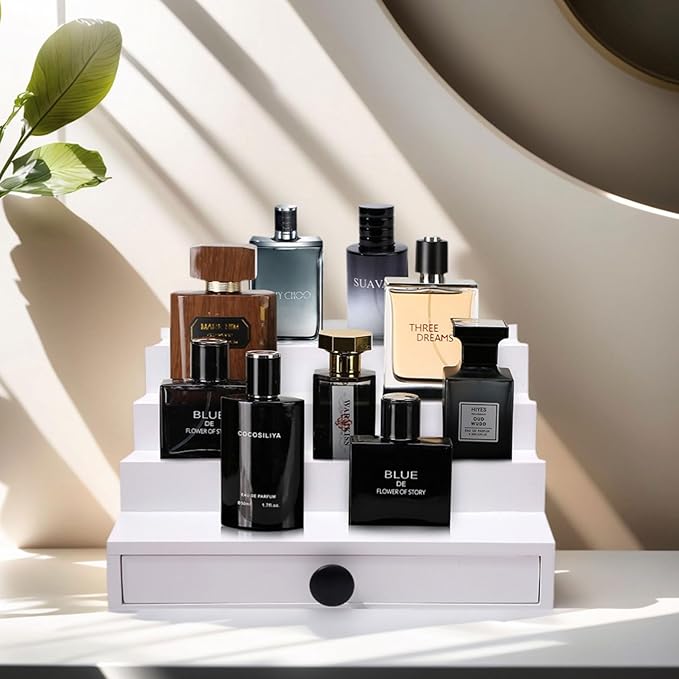 White Cologne Organizer for Men - 4 Tier Wooden Cologne Display Stand with Drawer and Hidden Compartment for Organizing and Storing, Mens Cologne Holder Shelf for Dresser