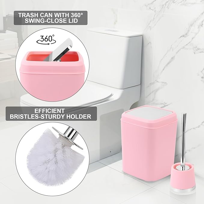 XLHOMO Pink Bathroom Accessories Set - 10 Piece Bathroom Set with Trash Can and Toilet Brush, Soap Dispenser, Toothbrush Holder and Cup, Soap Dish, and Qtip Holder, for Housewarming Gift