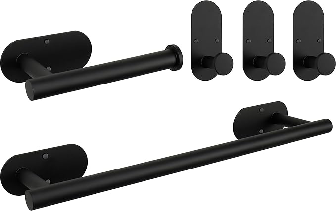TocTen 5 Pieces Wall Mounted or Self Adhesive Towel Bar Set, Stainless Steel Bathroom Hardware Set Include 16″ Towel Rack, Toilet Paper Holder, 3 Towel Hook, Sticky Bathroom Accessory Kit (Black)