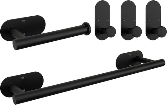 TocTen 5 Pieces Wall Mounted or Self Adhesive Towel Bar Set, Stainless Steel Bathroom Hardware Set Include 16″ Towel Rack, Toilet Paper Holder, 3 Towel Hook, Sticky Bathroom Accessory Kit (Black)