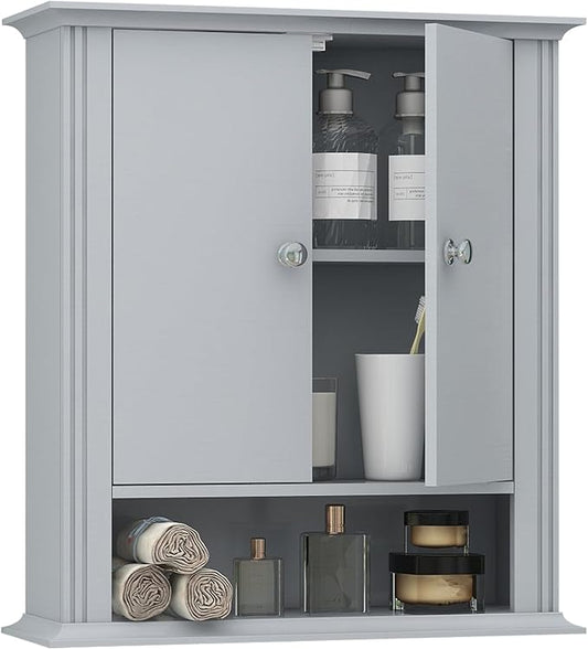 Wall Mounted Bathroom Cabinet Wooden Storage Cabinet with 2 Doors & Adjustable Shelf, Hanging Wall Cabinet Over Toilet, Upper Cabinet Storage Cupboard forBathroom, Kitchen,Laundry Room, Light Grey