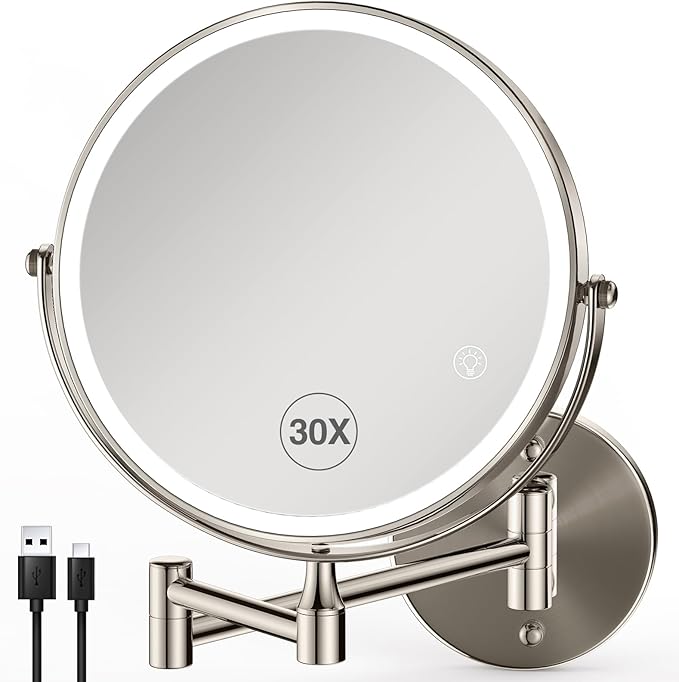 30X/1X Lighted Makeup Mirror with Magnification, 8.5inch 3000mAh Rechargeable Magnifying Mirror with Light, 3 Color Lights,Touch Dimmable,Extended Arm 360 Rotation Wall Mounted Makeup Mirror