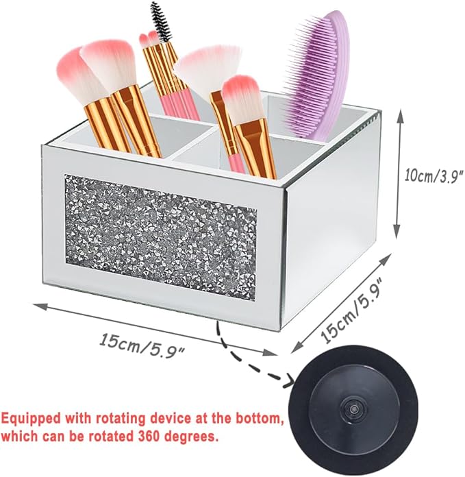 Rotating Makeup Brush Holder Glass, 360 Rotating Crystal Makeup Brush Organizer, Cosmetic Brush Storage Box Crushed Diamond Home Decor Silver Glass Brush Holder for Vanity Dresser 4 Slots