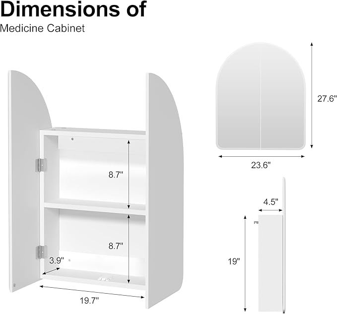 Beveled Edge Arched Medicine Cabinet with Mirror,2-Door Arch Surface Mount Medicine Cabinets Mirror,Frameless Mirrored Medicine Cabinets for Bathroom Mirror Cabinet,botiquines de baño 24x28