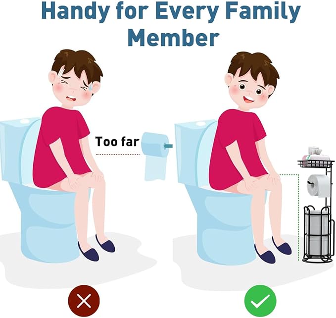 [Upgrade] Toilet Paper Holder Stand with Shelf Tissue Holders for Bathroom Free Standing Bath Tissue Roll Holder Magazine Rack for Mega Rolls/Phone/Wipe-Black