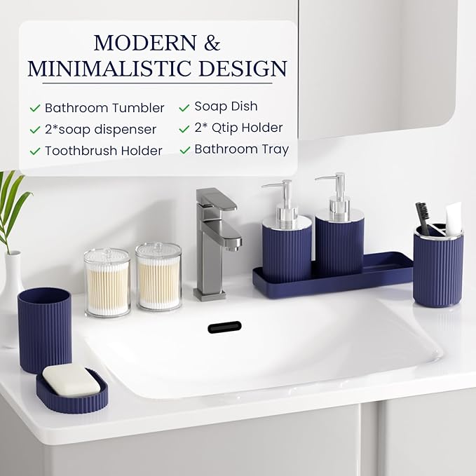 Navy Blue Bathroom Accessories Set, 10PC Bathroom Set, Bath Accessory with Pop Up Trash Can, Soap Dispenser, Toilet Brush, Toothbrush Set Qtip Holders & Tray