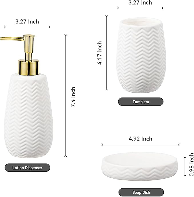 Whiet and Gold Bathroom Accessories Set, 3pcs Ceramic Farmhouse Decor, Complete countertop Bathroom Decor with soap Dispenser，Toothbrush Holder and soap Dish for Stylish Bathroom Organization