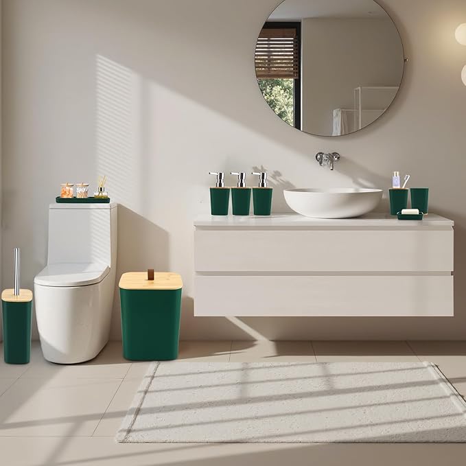 XLHOMO Dark Green Bathroom Accessories, Green Bathroom Accessories Set with Trash Can, Soap Dispenser, Toothbrush Holder, Toothbrush Cup, Soap Dish, Toilet Brush, Tray and Q-tip Holders