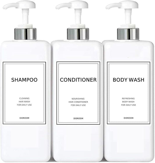 Modern Silver Shampoo and Conditioner Dispenser (21 oz, Pack of 3) Refillable Pump Bottle Set Empty Shower Plastic Bottles with Pump for Bathroom Body Wash Soap and Shower
