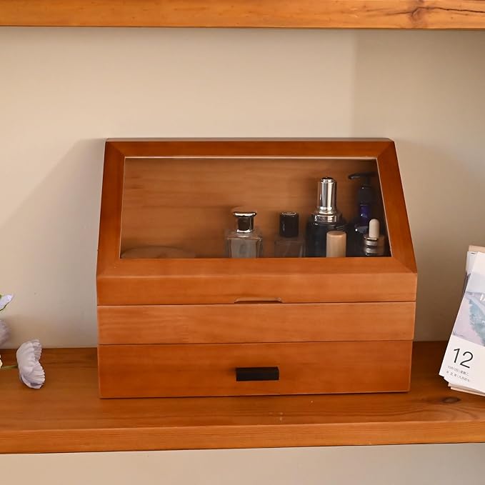 DECOR4SEASON Cologne Organizer for Men, Pine Wood Bathroom Vanity Organizer Countertop, Desk Organizers with Drawer, 2 Tier Perfume Stand Holder, Men Jewelry Box, Ideal Gift for Him Dad Boyfriend