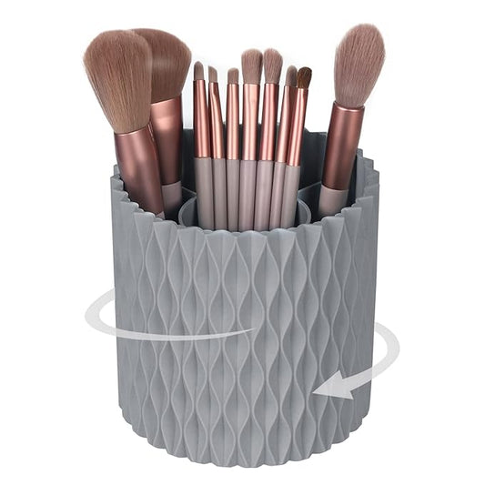 Makeup Brush Holder Organizer - 360° Rotating, 5-Slot Brush Cup for Cosmetics, Lipsticks, Pens | Vanity & Desk Organizer (Grey)
