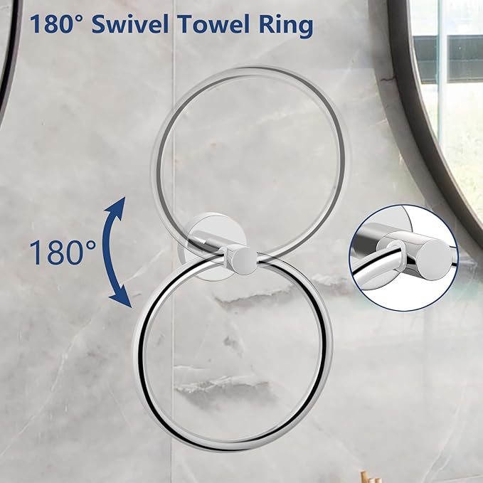 Chrome Bathroom Hardware Set, Towel Ring & Toilet Paper Holder, Stainless Steel SUS304, Hand Towel Hanger & Toilet Roll Holder, Sturdy Bathroom Accessories for Home or Kitchen