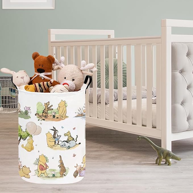 Greatingreat Winnie Baby Laundry Basket, Foldable Small Hamper with Canvas & PE Coating, Collapsible Portable Clothes Organizer for Nursery, Home, Bedroom Storage (White)