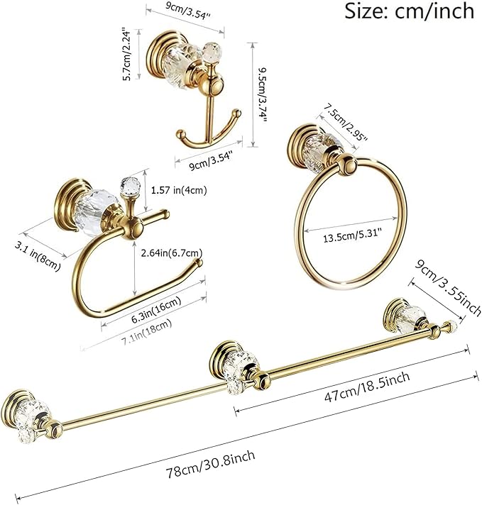 WOLIBEER Gold Bathroom Accessories, Brass Crystal Towel Bar Set Toilet Paper Holder Towel Ring Robe Hooks 4 Pieces Wall Mounted