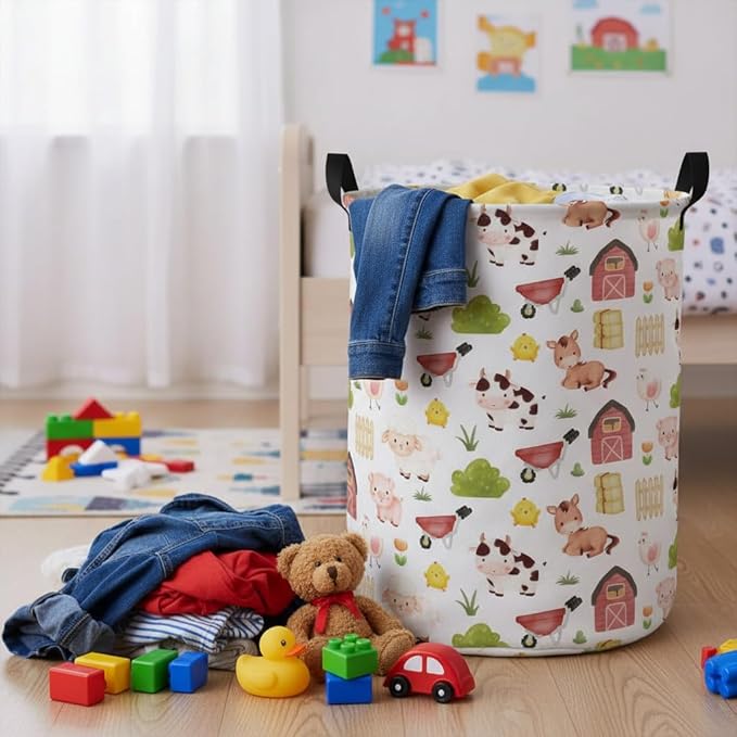 Baby Laundry Hamper kids laundry Basket Waterproof Storage Bin for Bedroom Toy Clothes Organizer Basket Woodland Animals Room D??cor(Cute Farm)
