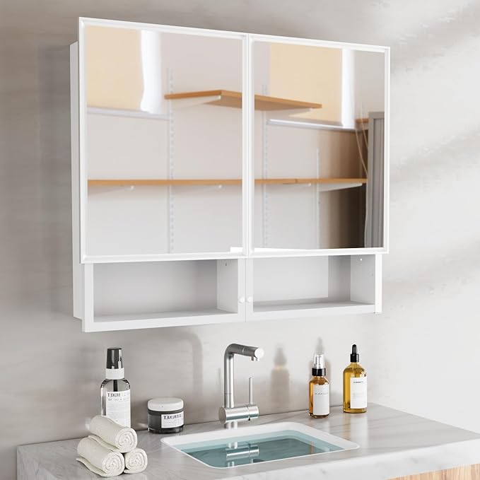32 x 26 Inches Bathroom Medicine Cabinet with Mirror, Double Door Wall Mounted Mirror Cabinet, Surface or Recessed Mount White Bathroom Storage Cabinet