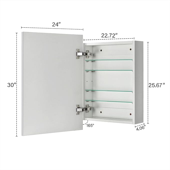 TEHOME 24'' x 30'' Chrome Recessed and Surface Mount Bathroom Medicine Cabinet with Mirror Square Cornered Metal Framed Rounded Rectangle Medicine Cabinet Mirror