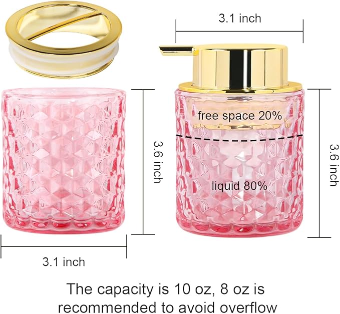 Bathroom Accessories Set 2pcs Glass Foaming Soap Dispenser and Toothbrush Holder for Bathroom Countertop, Pink Glass Bathroom Assessory Set with Gold Decor