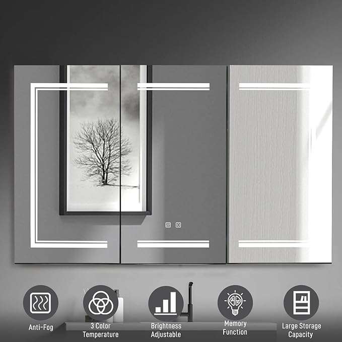 Karl home 48x28 Inch 3 Doors Bathroom Medicine Cabinet with LED Mirror, 3 Color Wall Mounted Dimmable Bathroom Cabinet with 3-Tier Storage Shelves, Anti-Fog, USB Charge, White