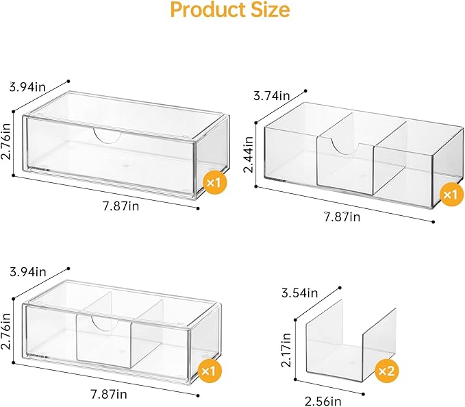 PAVSTINE Medicine Cabinet Organizer 3 Pack, Plastic Stackable Storage with 2 Drawers, Bathroom Mirror Cabinet Organizer with Removable Dividers for Wall Cabinet, Vanity, Countertop, Clear