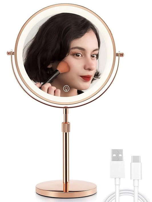 OMIRO 8.5 Inches Lighted Makeup Mirror with 3X/10X Magnifications, Double Sided Swivel Vanity Mirror with Height-Adjustable Stand (Rose Gold)