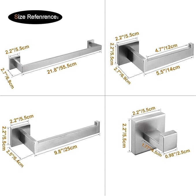 5-Piece Brushed Nickel Bathroom Hardware Accessory Set Including 24inch Towel Bar Toilet Paper Holder Towel Holder Robe Hook Premium SUS 304 Stainless Steel Wall Mounted Square Style,Rustproof