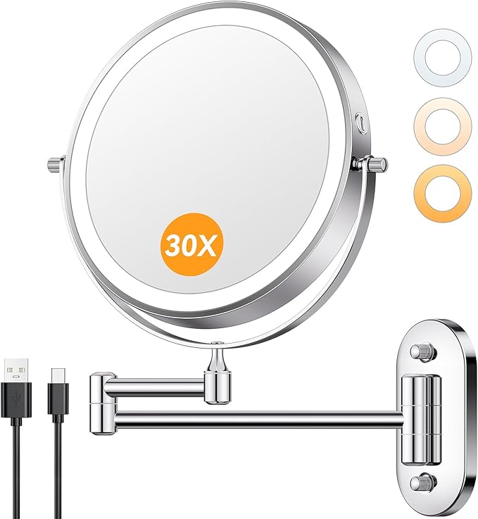 Auxmir 1X/30X Wall Mounted Lighted Makeup Mirror, 8" Rechargeable Double-Sided Magnifying Mirror with Light, Touch Dimmable 3 Color Light, 360° Rotation Foldable Extended Arm, Chrome