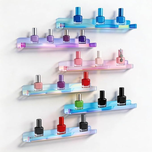 6 Pack Nail Polish Wall Rack Iridescent Acrylic Wall Shelves with Stopper 15 Inch Color Changing Display Ledges for Tattoo Ink Essential Oils Figurine Organizer, Rainbow Bookshelf, Room Decor