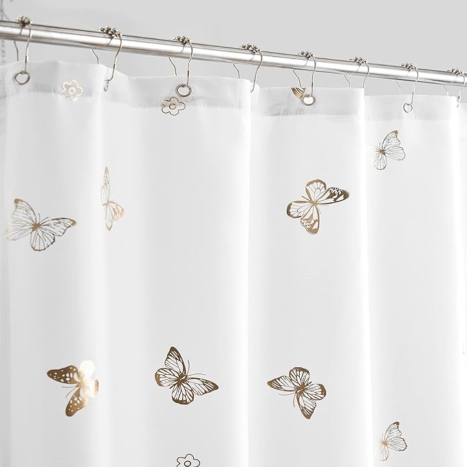 Jubilantex Gold Butterfly Shower Curtain for Bathroom, White Farmhouse Waterproof Bathroom Decorative Rustic Kids Shower Curtain with 12 Rust Proof Grommets for Spa Hotel, 70x72 Inches