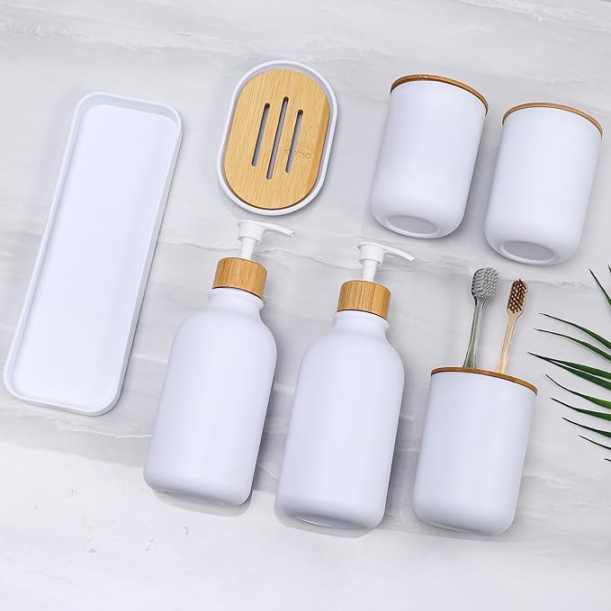 Matte White Bathroom Accessories Set 7 Pcs,Bamboo Bathroom Accessories Sets,White Soap Dispenser and Toothbrush Holder Set,Qtip Holder,Vanity Tray,Soap Dish,Modern Bathroom Decor