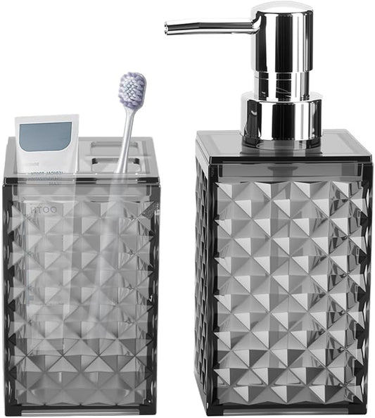 Bathroom Accessories Set 2 PCS, Grey Bathroom Accessories Include Soap Dispenser and Toothbrush Holder, Diamond Pattern Bathroom Set for Boho Bathroom Decor