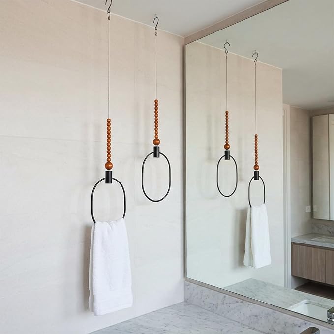 Maxdot 2 Pcs Ceiling Mounted Towel Rack Black Metal Design Vertical Towel Holder Rustic Hand Towels Ring Space Saving Towels Hanger with String and Wooden Bead for Bathroom Kitchen Home Accessories