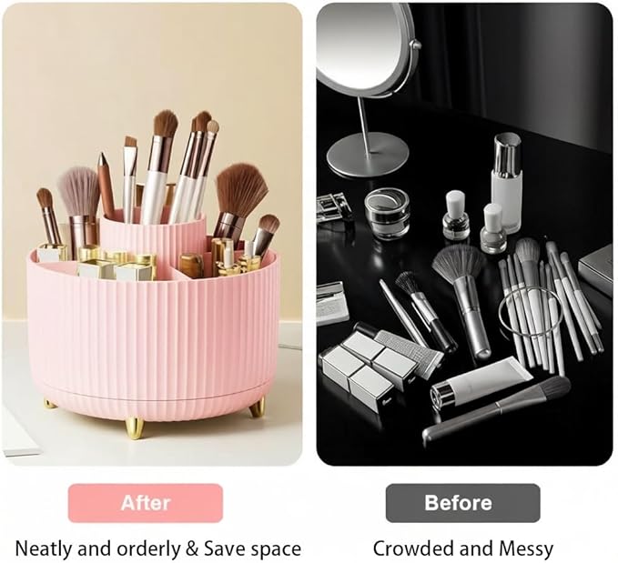 Makeup Brush Holder,360° Rotating Makeup Brush Organizer,5 Slot Make up Brushes Cup for Cosmetics,Large Capacity,For Nail Polish, Art Supply, Bathroom Vanity,Cosmetics Organizer,Pink