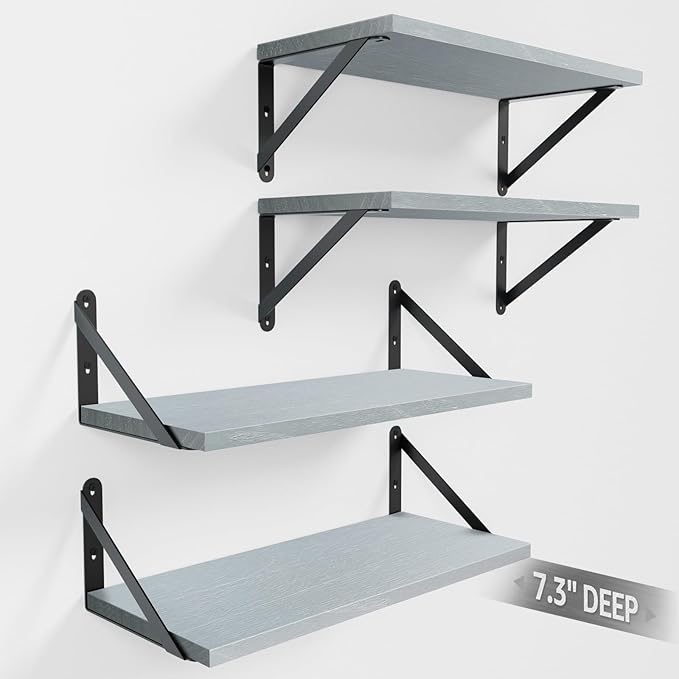 COCOYA Wall Shelves 7.3" Deep Set of 4, Solid Paulownia Wood Wider Longer Sturdy Easy to Install Wall Mounted Bookshelves Storage Shelves Bathroom Home Office Laundry Room Bedroom Organizer Gray