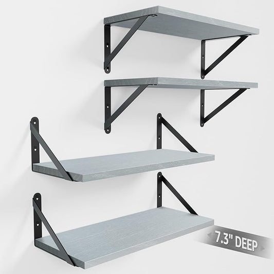 COCOYA Wall Shelves 7.3" Deep Set of 4, Solid Paulownia Wood Wider Longer Sturdy Easy to Install Wall Mounted Bookshelves Storage Shelves Bathroom Home Office Laundry Room Bedroom Organizer Gray