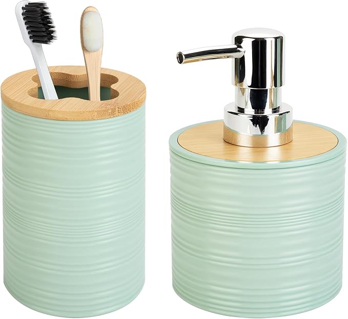 2 PCS Sage Green Bathroom Accessories Set, Soap Dispenser and Toothbrush Holder Set, Plastics & Bamboo Bathroom Set, Bohemian Style Bathroom Sink Set