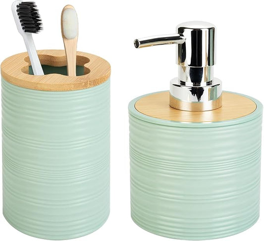 2 PCS Sage Green Bathroom Accessories Set, Soap Dispenser and Toothbrush Holder Set, Plastics & Bamboo Bathroom Set, Bohemian Style Bathroom Sink Set