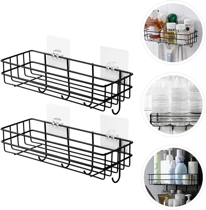 Gadpiparty Wall-Mounted Iron Storage Rack with Hooks Punch-Free 2pcs Organizer Storage Shelf for Bathroom and Kitchen Black Metal Sundries Holder