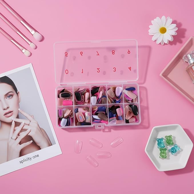 2 Pieces Nail Tip Organizer Box Acrylic Fake Nail Organizer, Transparent Storage Box with 10 Number Spaces Storage Case Container Nails Plastic Grid Boxes for Fingernail, Crystal, Jewelry Accessories