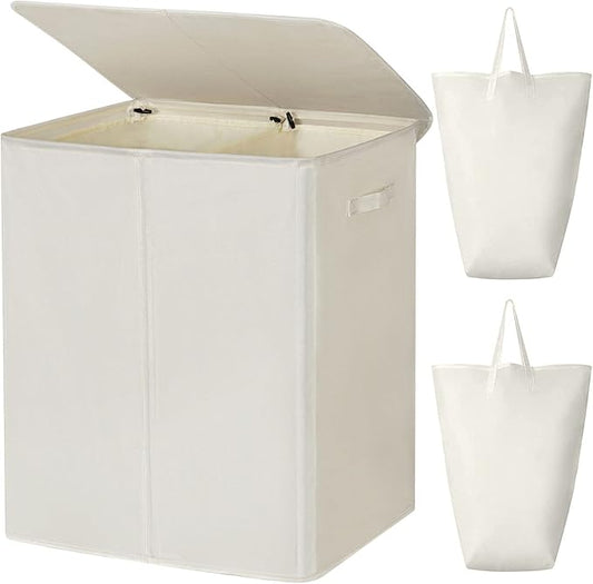 WOWLIVE 154L Double Laundry Hamper with Lid and Removable Laundry Bags, Large Dirty Clothes Hamper 2 section Collapsible Laundry Basket Dorm Room Storage for Bedroom, Bathroom, College,Beige