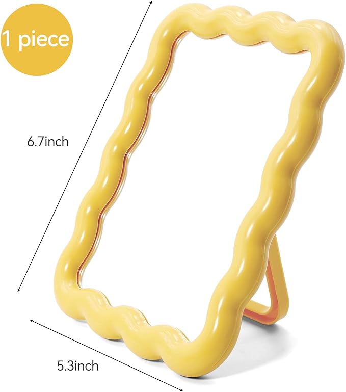 Philbinden Cute Wave-Shaped Desk Vanity Makeup Mirror, Portable Folding Travel Make Up Mirror for Standing/Hanging, Home Decorations Mirror for Women Girls (1, Yellow)