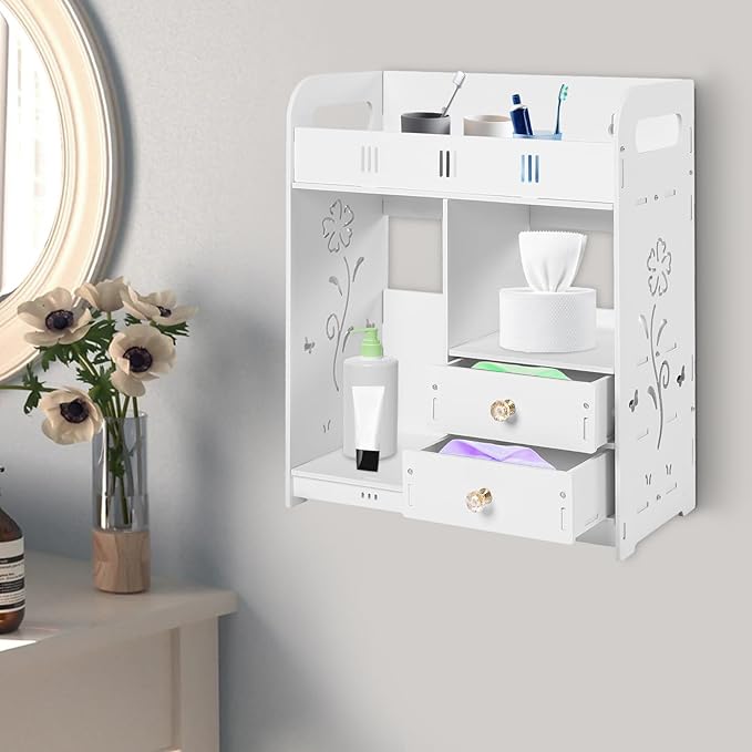 LYNICESHOP Wall Mount Bathroom Cabinet with 2 Drawers,Waterproof PVC Wall Shelf for Bathroom Storage, 33lbs Capacity Nail-Free Adhesive Mount, White Modern Vanity Organizer