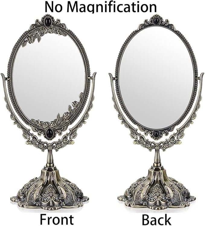 JUXYES Metal Tabletop Antique Decorative Makeup Mirror with Stand, Vintage Swivel Double Sided Cosmetic Mirror with Frame, Retro Desktop Oval Dressing Mirror for Bathroom Bedroom