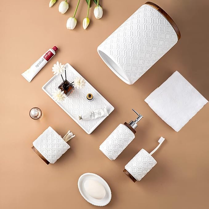 RQYIXI Bathroom Accessories Set 6 Pcs Ceramic Wooden Bathroom Set with Soap Dispenser Toothbrush Holder Tray Tumbler Soap Dish Trash Can（White）