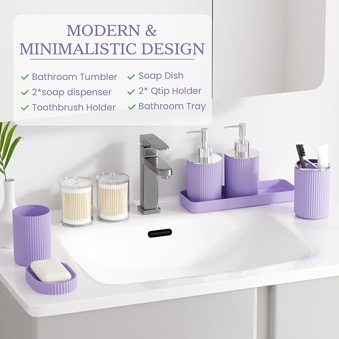 Purple Bathroom Accessories Set, 10PC Bathroom Set, Bath Accessory with Pop Up Trash Can, Soap Dispenser, Toilet Brush, Toothbrush Set Qtip Holders & Tray
