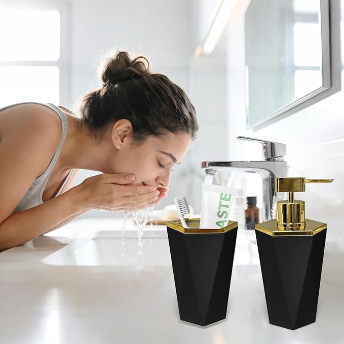 2 PCS Black and Gold Bathroom Accessories Set, Bathroom Accessories Include Soap Dispenser and Toothbrush Holder, Morden Bathroom Décor, Bathroom Sets Accessories